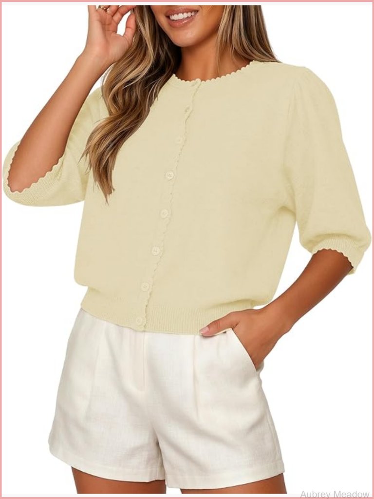 Short Sleeve Cropped Cardigan Button Up Crewneck Lightweight Knit Sweater Tops